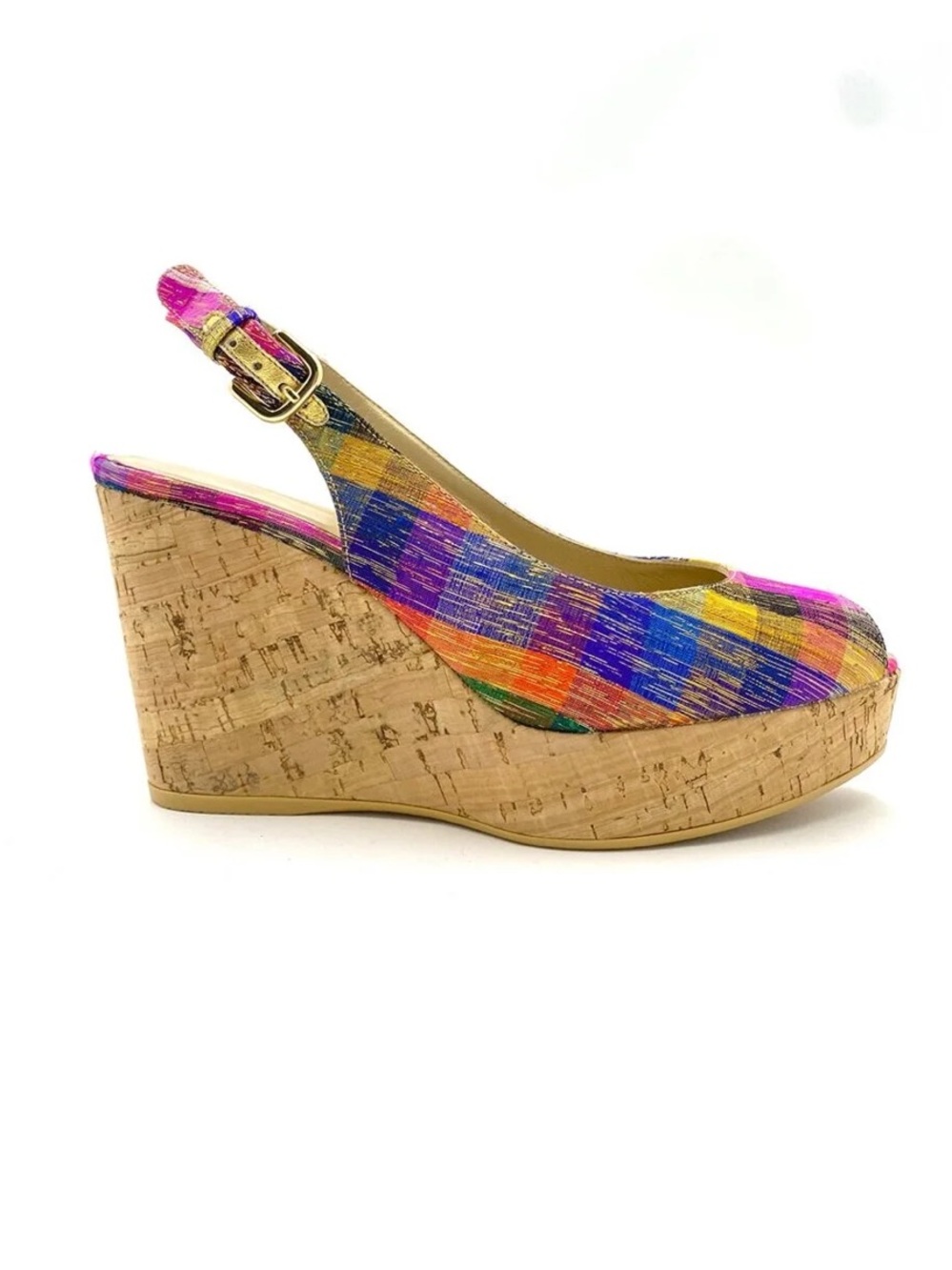 Stuart Weitzman Multicolor Plaid Cork Wedge Sandals - Picture 2 of 10